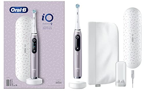 Oral-B iO Serie 9 Elektrische Bürste, Sonderedition, Kombiniert mit Oral-B Mobiler Anwendung, mit Magnet iO, Reisetasche mit Ladefunktion, Kosmetiktasche, Quarz Rosa