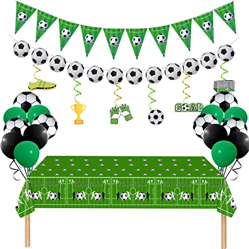 PLULON 30 Stück Fußball-Party-Dekorationen, Geburtstagsparty-Zubehör für Fußball, Wimpel, Banner, Tischdecke, hängende Wirbel für Geburtstags-Fußball-Sportveranstaltungen, Themen-Dekorationen