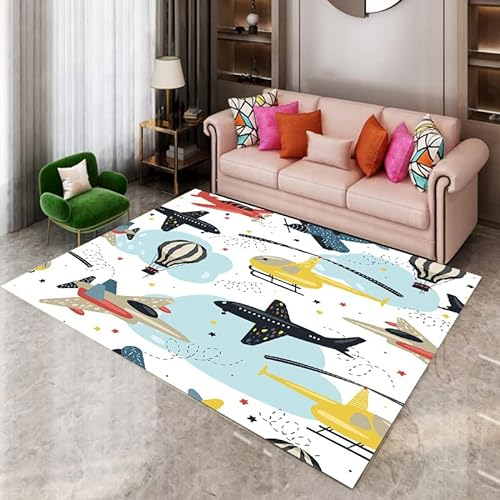 Teppiche Groß für Wohnzimmer Junge Flugzeug Kurzflor Teppich Super Soft,Tepich für Esszimmer & Schlafzimmer, Anti-Rutsch Unterseite,Kinderteppich Kinderzimmer