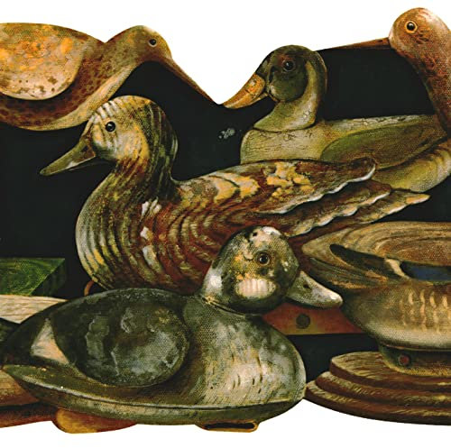 Concord ADV2021B Tapetenbordüre, Vintage-Muster, Holz-Enten-Boxen für Landhaus, Bauernhaus, Küche, Wohnzimmer, Braun, Marineblau, Rot, Grün, 4,8 x 26,7 cm