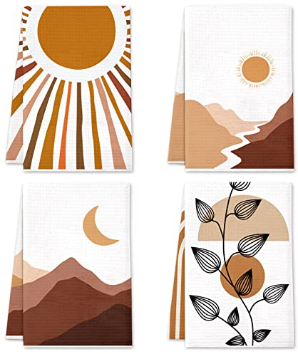 Lebsitey Boho-Küchentücher, 4 Stück, Boho-Berge, Flüsse, Sonne und Mond, Geschirrtücher, saugfähiges Trockentuch, Geschirrtücher zum Kochen und Backen, 40,6 x 61 cm