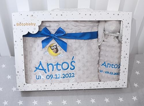 BotoBaby ★ GESCHENKSET Babydecke mit Namen und Datum Bestickt + Schmusetuch ★ Geschenk ★Geburt ★ Taufe ★ (Set 1)