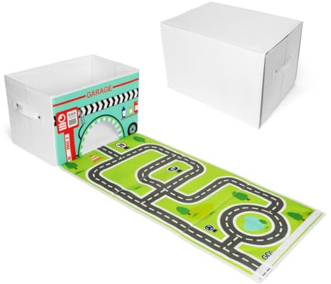 EMBRACE PLAY Spielzeug-Aufbewahrungsbox mit Autoteppich, Spielmatte, Spielzeugkiste für Jungen und Mädchen, 2-in-1 zusammenklappbare Spielzeugautoaufbewahrung, Spielzeugboxen für Kinder
