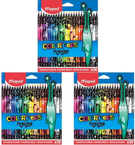 Maped 862624 - ergonomische Drei-Kant-Buntstifte, Farbstifte COLOR'PEPS BLACK MONSTER - schwarzer Schaft und bunte Monster-Bedruckung - 24x Stifte, 24 Stück (3er Pack)