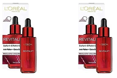 L'Oréal Paris Hyaluron Sofort Effekt Serum, Tiefenwirksame Anti-Aging Gesichtspflege zur Minderung von Falten, Mit Hyaluronsäure und Pro-Elastin, Revitalift, 1 x 30 ml (Packung mit 2)