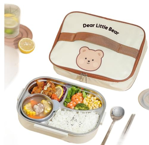 LANMOU 1.5L Lunch Box Inox, Lunch Box Isotherme Repas Chaud Bento Lunch Box Micro Ondable Lunch Box Enfant Lunch Box Adulte Boite Repas Compartiment Bento Isotherme avec Sac Isotherme (4 grilles)