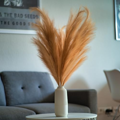 Pampasgras Deko Set in Gold - Orange – Boho Chic XXL Künstliches Pampasgras - 3 Stück 100cm, Braun Deko, Ideal für Hochzeitsdeko, Wohnzimmer & Schlafzimmer | Großes, Flauschiges, Kunstgras