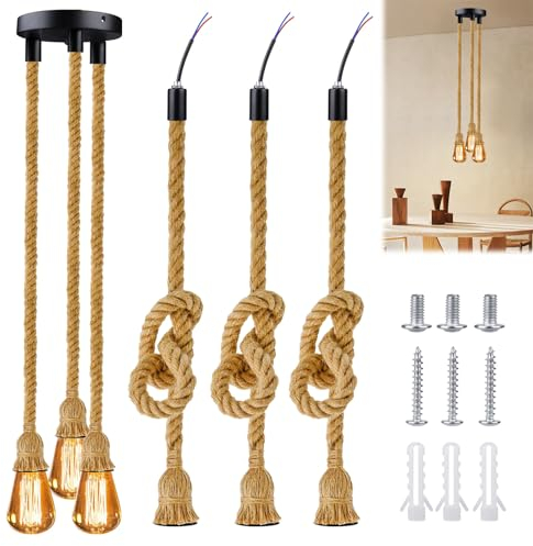 Lampadario Industriale in Corda di Canapa - Stile Retrò e Vintage, Fai Da Te, 100 cm, Lampada a Sospensione