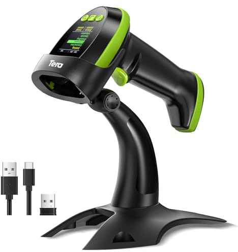 Tera Barcode-Scanner Wireless 2D mit Ständer: Pro-Version mit digitalem Einstellungsbildschirm und Tastenfeld funktioniert mit Bluetooth 2,4G Wireless USB-Kabel extra schnelle Handheld HW0009-Z Grün