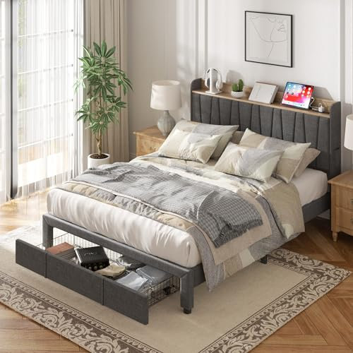 Sismplly Queen Size Bed Frame, Upholstered Platform Bed with Storage Drawers Headboard and Charging Station, Wooden Slats Support, No Box Spring Needed, Easy Assembly, Grey