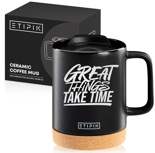 ETIPIK Taza de Cerámica de calidad con frase motivacional para café infusiones té con tapa y base de corcho tazas originales para regalar cumpleaños amigo invisible