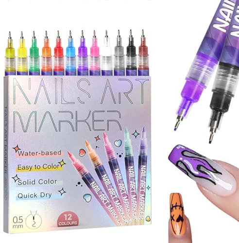 Gorvalin Fine Tips 3D Nail Art Polish Pens, 12 Colors 0.5MM Nail Tip Pens Nail Point Graffiti Dotting Pen Drawing Painting Liner Brush for Home Salon Quickly DIY Nail Art