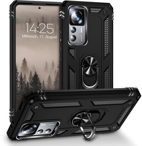 LBH Outdoor Hülle für Xiaomi 12T / 12T Pro Armor Militär Stoßfest Handyhülle 360 Grad Metal Ring Halter Ständer Schutzhülle für Handyhalterung Auto Magnet Schwarz
