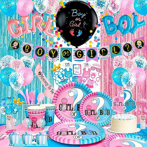 Gender Reveal Party Decoration,118pcs Girl or Boy Party Decoration&Vaisselle Gender Reveal Party Set-Boy or Girl Banner Ballon&Gender Reveal Assiette Nappe etc Articles de Fête de Révélation de Genre