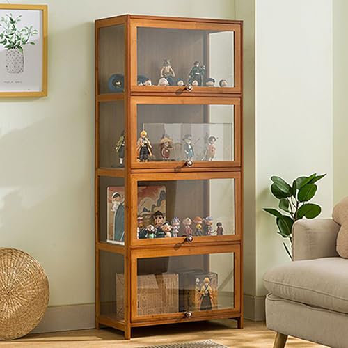 Pounjsd Großer Kapazität Klare Regal Vitrine, Glas Acryl vitrine, Bambou Bücherregal Vitrinenschrank, Holzvitrine, Braun Curio-SchräNke, 60cm Glasvitrine für Bücher, Wein, Büro, Wohnzimmer, Küche