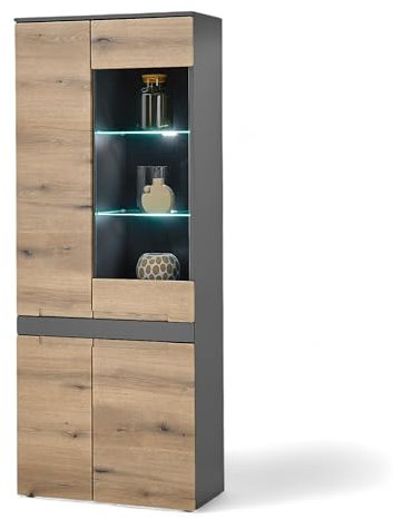 Stella Trading Taylor Vitrine in Anthrazit, Evoke Eiche Optik - Moderner Vitrinenschrank mit LED-Beleuchtung und viel Stauraum - 75 x 192 x 38 cm (B/H/T)