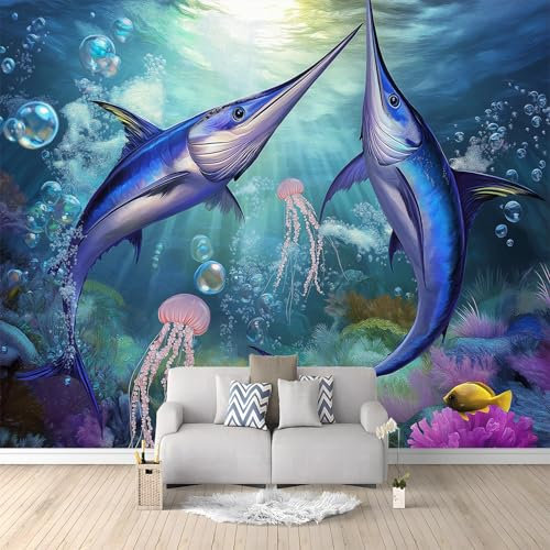 Papier Peint Panoramique Animal Marin Poisson Bleu 200x140 cm Papier Peint Poster Mural 3D, Tapisserie Photo Peinture Murale Intissé Fresque pour Salon Chambre Toile Fond TV