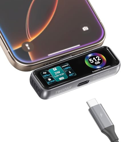 TWOPAN SSD magnético portátil para iPhone para grabación de video ProRes 4K 60fps, almacenamiento externo de 512 GB para iPhone 15/16 Pro/Pro Max/iMac/MacBook, pantalla LCD, puerto USB-C PD 3.0,