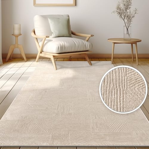 Paco Home Teppich Wohnzimmer Kurzflor, Moderne geometrische abstrakte Muster, 3D-Effekt, Regenbogen und Karo Design, glänzend luxuriös Ton in Ton, Farbe:Beige - Geometrisch, Grösse:160x220 cm