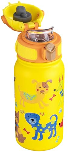 OLDLEY Insulated Kids Water Bottle 350ml/12oz Stainless Steel Metal Water Bottles Leakproof Double Walled Cute Vacuum Small Flask with Handle Keep Drinks Hot Cold for Boys Girls Children (Dog)