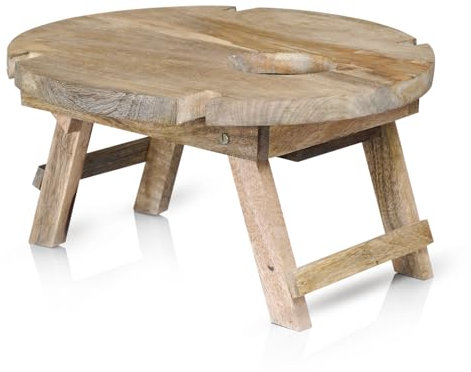 Marrakesch Picknick Klapptisch aus Holz Tablett Durchmesser 40 cm | Campingtisch Roman klappbar für Ihre Ausflüge | auch als Couchbar im Wohnzimmer oder Betttisch Betttablett im Schlafzimmer