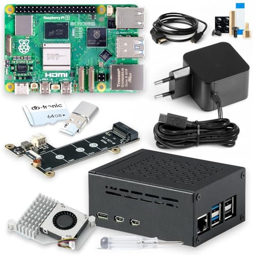 Raspberry Pi 5 4 Go PCIe M.2 NVMe – Kit | Boîtier en métal | Cooler Actif | Carte M.2 NVMe SSD PCIe | Bloc d'alimentation Officiel USB-C 27 W | Carte mémoire 64 Go | Micro HDMI 4K