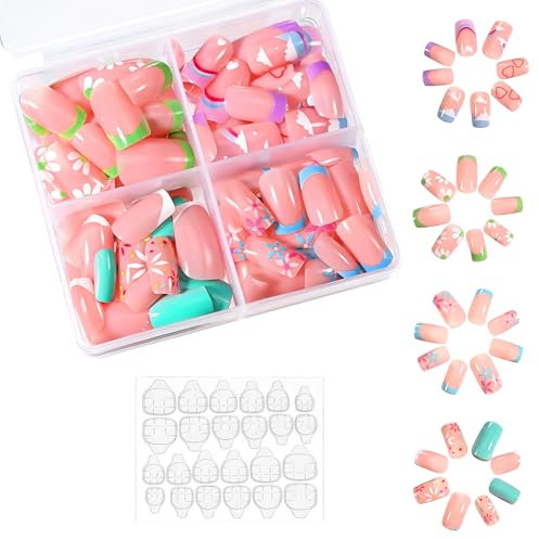 96 Pcs Kids Press on Nails, Cute False Nails Short | Full Cover Short Fingernail Kids Stick on Nails | False Nails for Kid Women Girls Nail Art Patches | Nail Design Decor With Jelly Glue