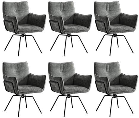 Hellove Akzent-Schreibtischstuhl, Esszimmerstuhl, Drehbarer Samt-Polsterstuhl mit Armlehnen, Mid-Century-Modern Stühle mit Stahlbeinen für Esszimmer, Küche, Wohnzimmer,Grau, 6 Stühle