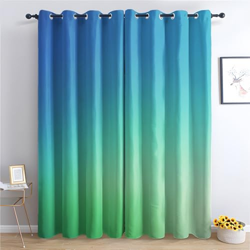 zcwl Blau Türkis Grün Ombre Vorhänge, Farbverlauf Verdunklungsvorhänge mit Ösen, Vorhang Blickdicht für Wohnzimmer Schlafzimmer Dekoration, Gardinen mit Muster, 2er Set, 145 x 140 cm (HöhexBreite)