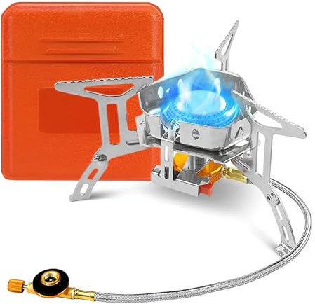 Réchaud de camping portable à gaz – Compact et puissant haute puissance 4000 W, design coupe-vent, allumage piézoélectrique, adaptateurs/convertisseurs inclus pour le camping, le barbecue, la pêche