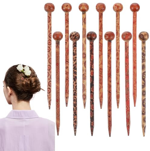12PCS Wooden Hair Sticks, Boho Vintage Japanese Chinese Hairpin Decorative Hanfu Pins Bun Holders Wooden Hair Chopsticks for Women Girls Chignon Bun Updo Hairstyle Accessories