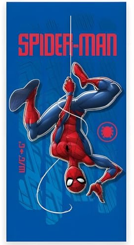 Spiderman Strand- und Badetuch 70x 40 cm, 100% Baumwolle | Weiches & saugfähiges Bade-und Schwimmtuch für Kinder | „Web-Swing“ Blaues dynamisches Action-Marvel-Design | Ideal für Strand, Bad & Pool