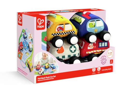 Hape Pull-Back Plush Car Set, Soft Material, Easy-to-Grip for Crawling & Scooting, 6M+