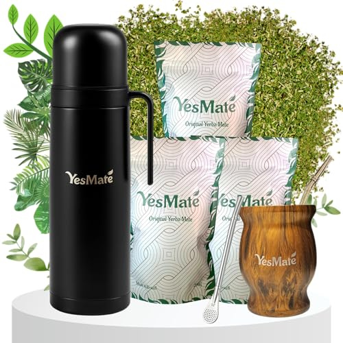 YesMate Ultimate Yerba Mate Tea Set with Thermos, Mate Kit & 3 x Bags YesMate Yerba Mate – Complete Mate Tea UK Bundle | Premium Yerba for Natural Energy & Tradition (200Gr x 3)