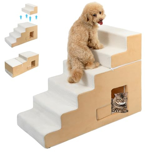 Hundetreppe für kleine Hunde 68,6 cm H, 6-Stufen-Hundestufen für hohe Betten, Haustiertreppe aus hochdichtem Schaumstoff mit rutschfestem, abnehmbarem, waschbarem Bezug für den Bettzugang (beige)
