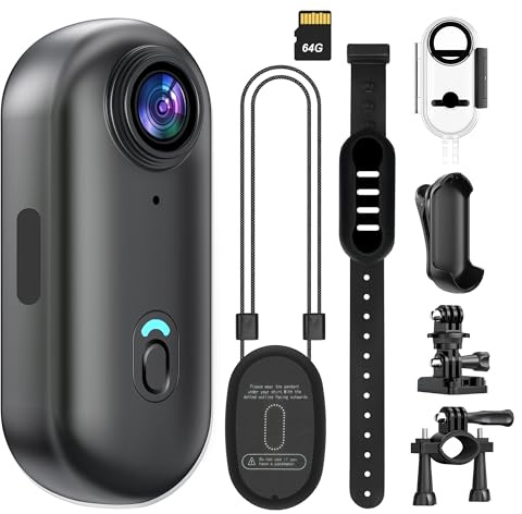 4K Mini POV Camera with 64GB Card, Thumb Size WiFi Body Cam, Waterproof Wearable Hand Free Portable Action Cam, Ultra Wide Angle View, Mount Anywhere for Pets, Cycling, Swimming, Vlogging, Black