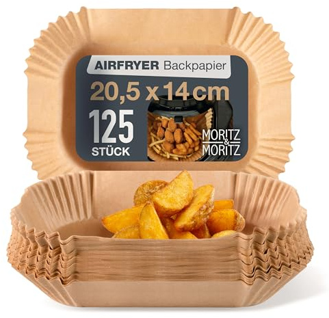 Moritz & Moritz Airfryer-Backpapier rechteckig 20,5 x 14 cm, 125 Einlagen | Für Dual-Zone-Körbe und schmale Schübe, 4,5 cm hoher Rand, antihaft und fettdicht bis 220 °C, mit Aufbewahrungsbox