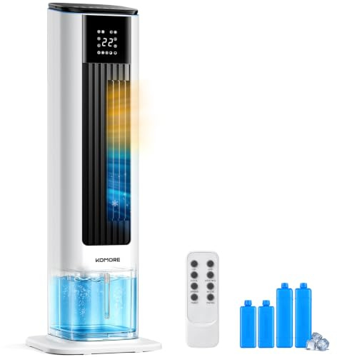 KOMORE Air Cooler, 4-IN-1 Tower Cooling Fan and Heater, 3 Modes,3 Speeds, 70°Oscillation, 12H Timer, 4 Ice Packs Evaporative Air Cooler with Remote, LED Display, Portable for Bedroom Home & Office
