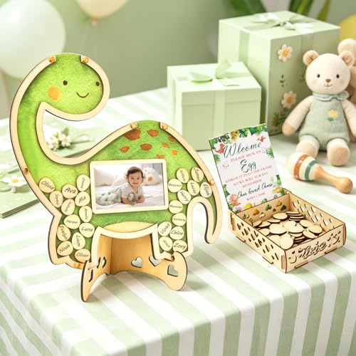 VeftBltrem Wünsche Bilderrahmen aus Holz, Gästebuch Hochzeit Holz Blanko mit 100 Holzplättchen, Dino Holz Hochzeitsalbum, Baby Shower Deko & Geschenkidee für Jungen & Mädchen