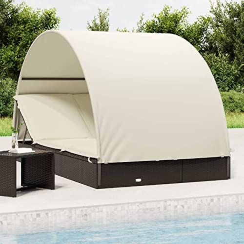 FUDUGEHMIOFWFJJ Transat 2 Places avec Toit Rond Noir, Chaise Longue Jardin pour Piscine et Balcon, Lit de Jardin Réglable en Rotin PE Résistant, Cadre Acier Stable, Dimensions 211x112x140 cm