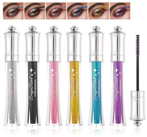 Domality 6er-Set Glitzer Bunte Mascara, Schwarz Silber Gold Pink Blau Lila Diamant Glänzende Mascara für Wimpern, Verlängernd & Voluminös Glänzender Funkelnder Augen-Make-up