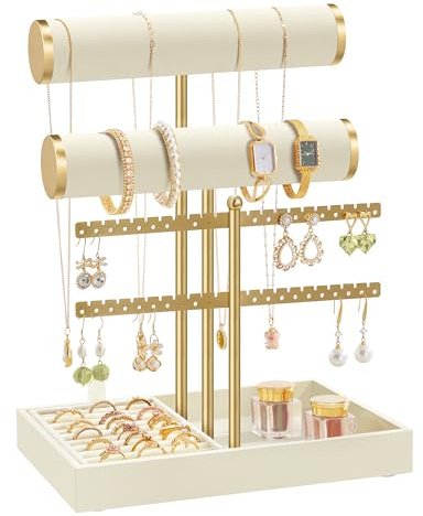 SONGMICS Bracelet Holder Stand, Jewellery Display Stand, Jewellery Organiser, with 2 Tiers and Velvet Tray, Earring Organiser, Removable Ring Holder, Cream White and Pale Gold JJS046W101