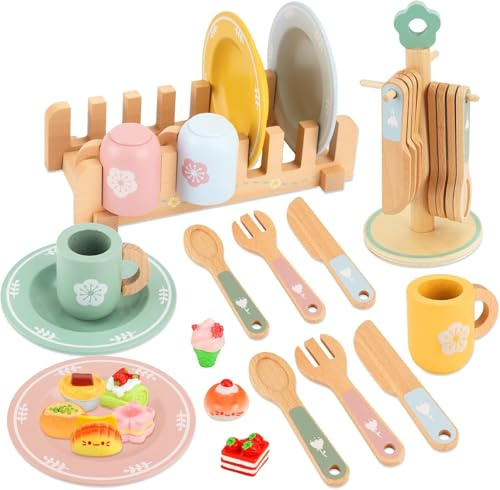 TOSUTO Kinderküche Geschirr Teeservice Kinder Holz,Kinderküche Zubehör Holz,Spielküche Kinder küche zubehör mit Tassen, Teller und Gebäck, Teeparty Set für Jungen und Mädchen ab 3 Jahre