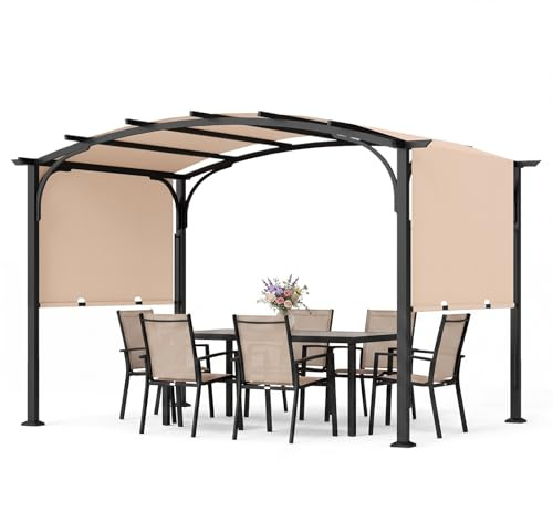 COSTWAY Pergola, Pavillon mit verstellbarem Schiebedach, 3 x 2,4 m Gartenpavillon mit Sonnenschutz, Terrassendach mit Stahlrahmen & 8 Heringen, Terrassenüberdachung für Garten & Balkon (Beige)