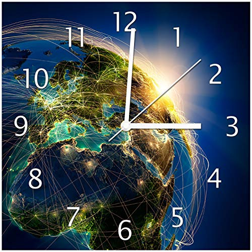 Wallario Design-Wanduhr Erde im Weltall im Sonnenschein aus Glas, Motiv-Uhr Größe 30 x 30 cm, weiße Zeiger