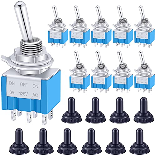 Taiss / 10 Stücke Blau Mini Kippschalter AC 125 V 6A Ampere EIN/AUS/EIN 3 Position 6 Pin DPDT+ 10 Stücke Wasserdichte Kappe MTS-203+MZ