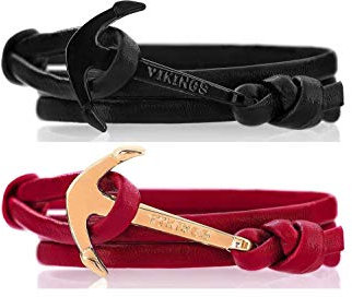 VIKINGS Anker Pärchen Armband 2er Set Leder Schwarz Rot, Leder BLK-RED:Schwarz/Schwarz - Rot/Gold
