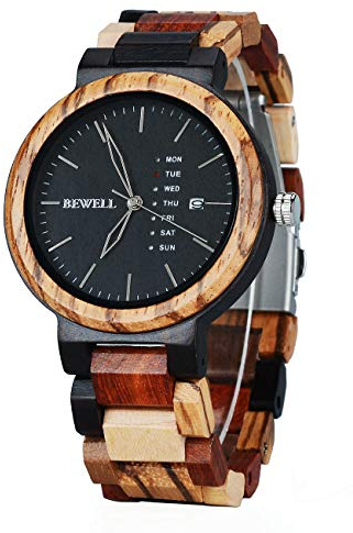 BEWELL 159A Männer Natürliche Holz Armbanduhr Multifunktions Quarz Analoge Uhr mit Datums- und Wochentagsanzeige Große Runde Zifferblatt