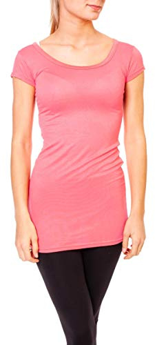 Easy Young Fashion - Damen Basic T-Shirt - langes Kurzarm Longshirt - Rundhals Longsleeve - Unterziehhemd Skinny Fit 1002 - Pfirsichrosa L