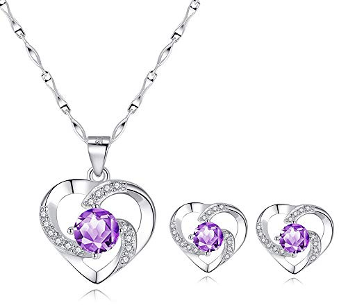 wynn's Silver Jewellery Set for Women, 925 Sterling Silver Heart Stud Earrings, Silver Necklace Pendant Set with White/Blue/Purple Cubic Zirconia, Gift for Girlfriend Mother Wife